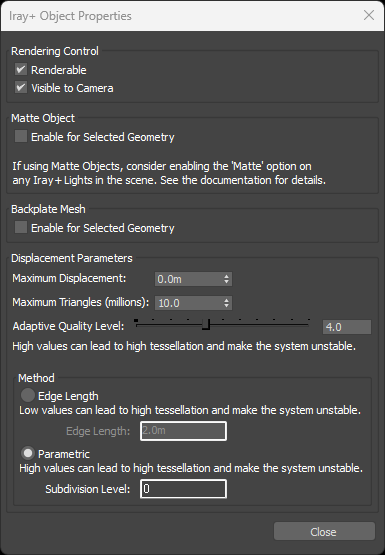 The Iray+ Object Properties dialog