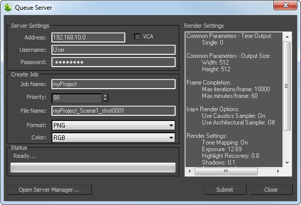 The Iray for 3ds Max Queue Server dialog